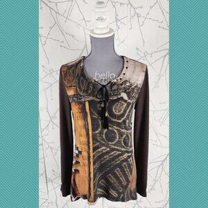 Dolcezza Brown Abstract Tribal Printed Round Neck Top